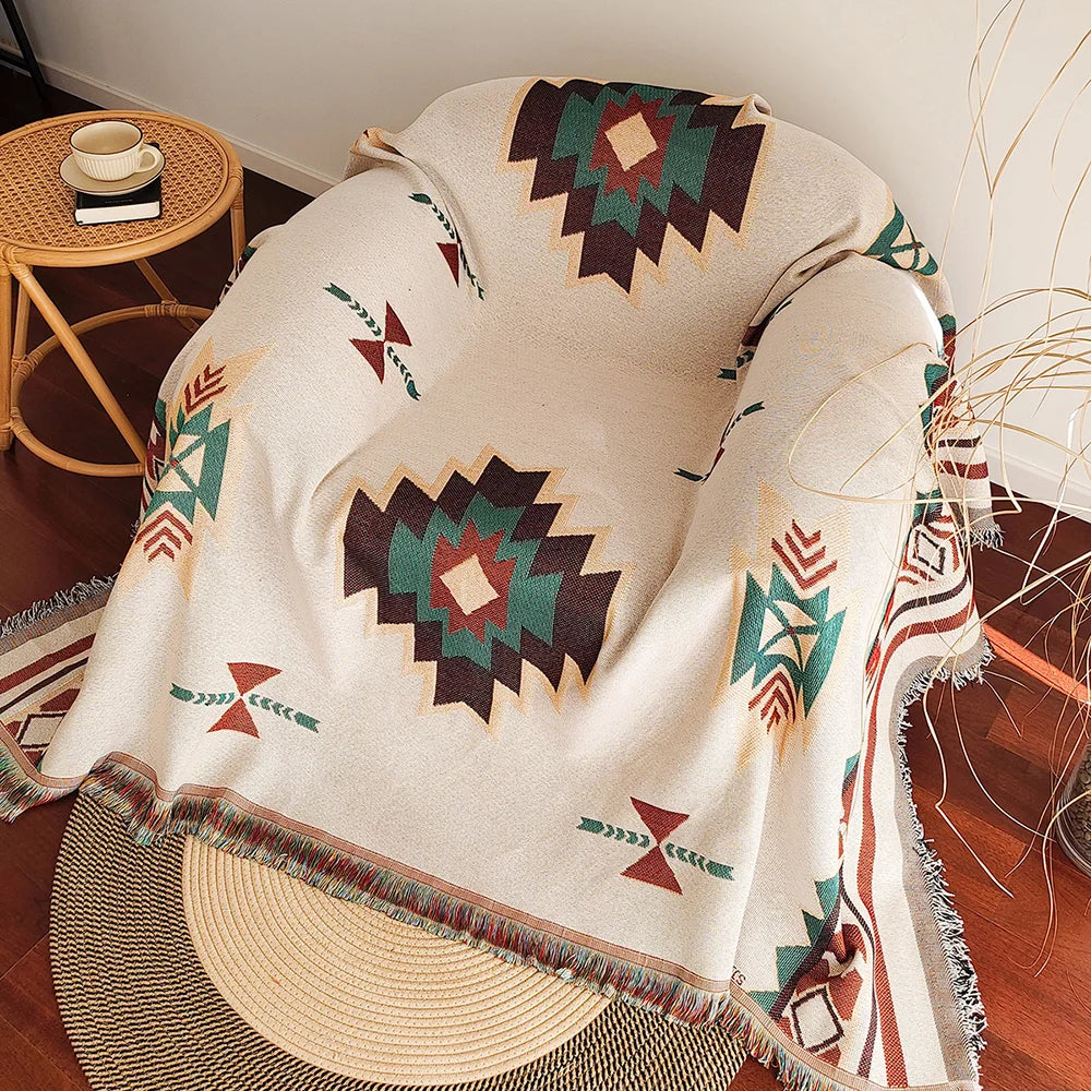 Aztec Blanket, Oversized Boho Throw Blanket with Fringe, Southwestern Geometric Tapestry Vintage Woven Throw Blankets, Double-Si ZenGlow