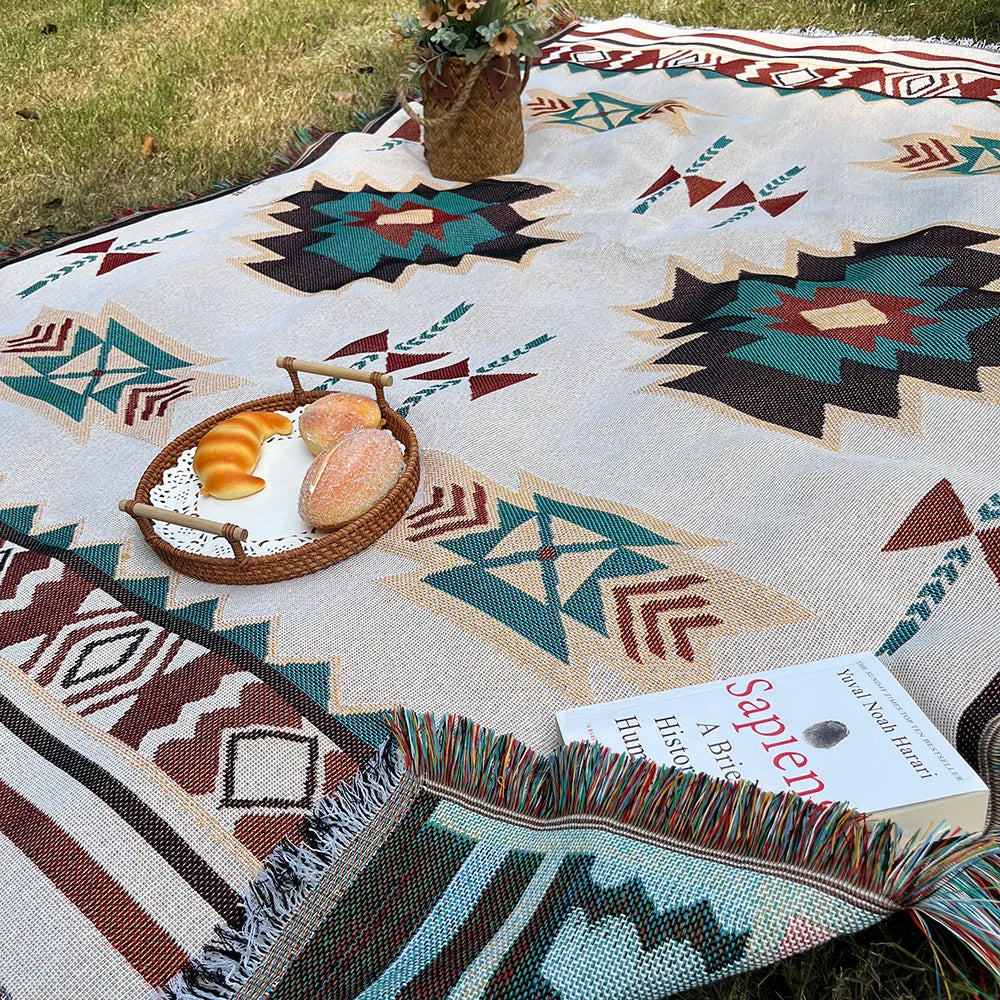 Aztec Blanket, Oversized Boho Throw Blanket with Fringe, Southwestern Geometric Tapestry Vintage Woven Throw Blankets, Double-Si ZenGlow