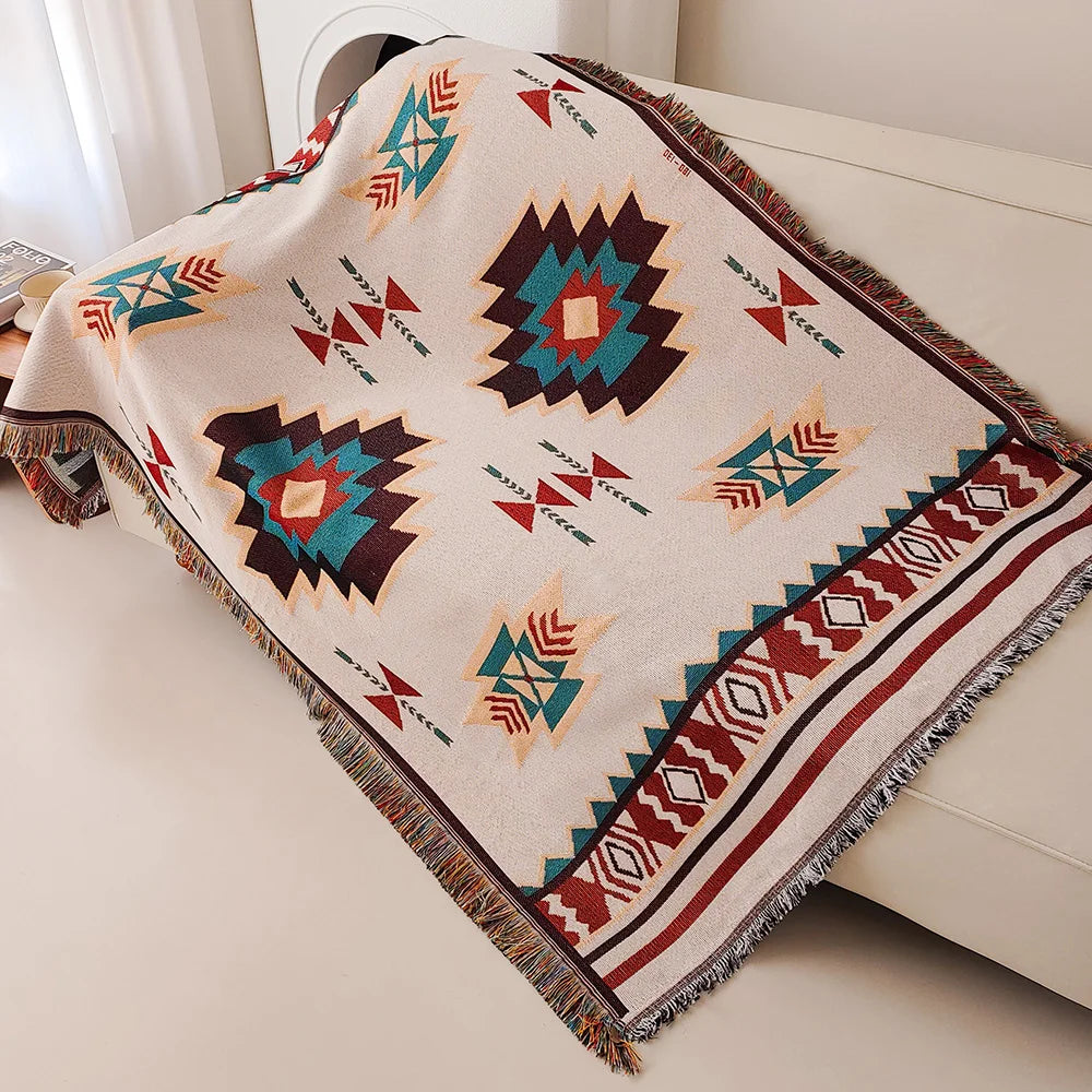Aztec Blanket, Oversized Boho Throw Blanket with Fringe, Southwestern Geometric Tapestry Vintage Woven Throw Blankets, Double-Si ZenGlow