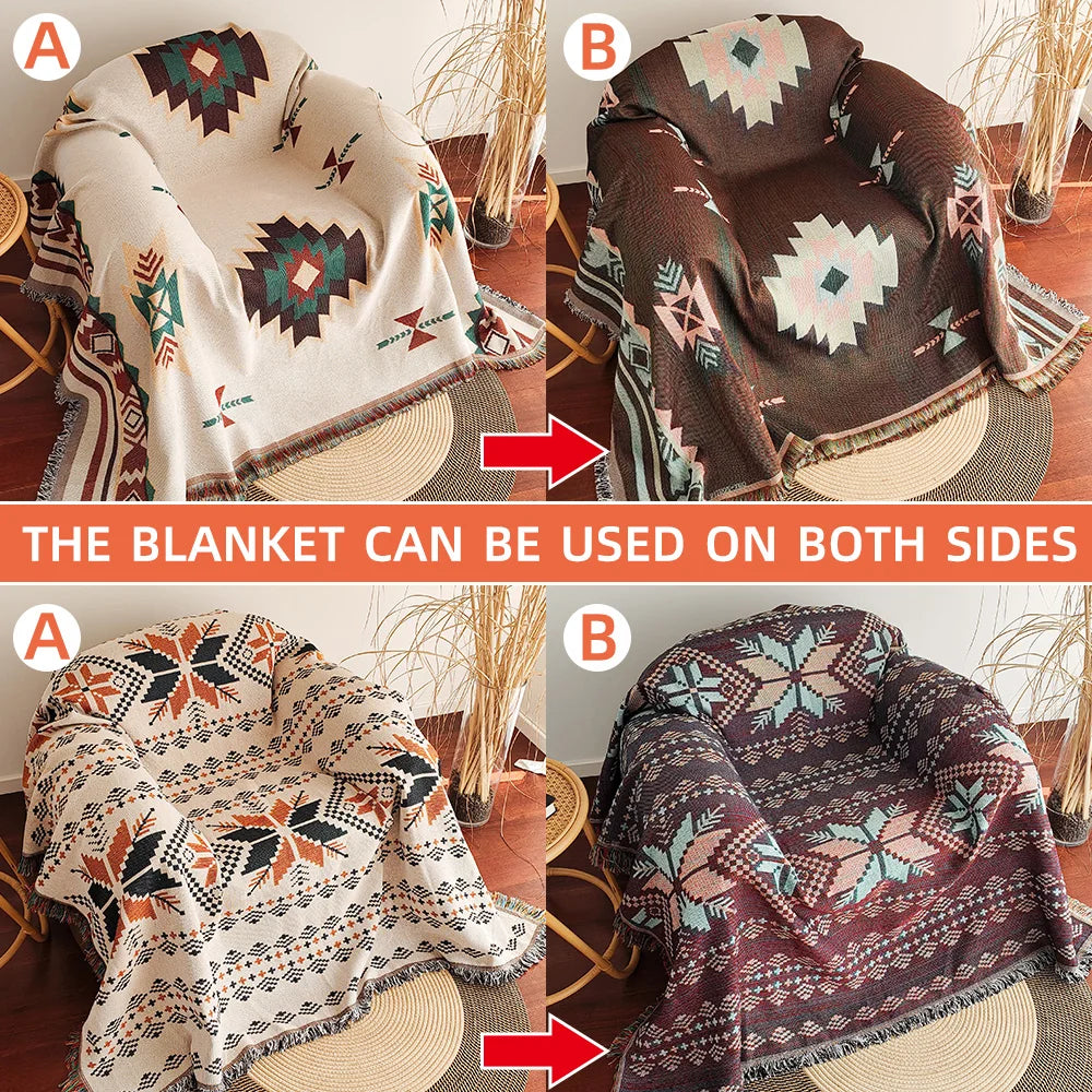 Aztec Blanket, Oversized Boho Throw Blanket with Fringe, Southwestern Geometric Tapestry Vintage Woven Throw Blankets, Double-Si ZenGlow