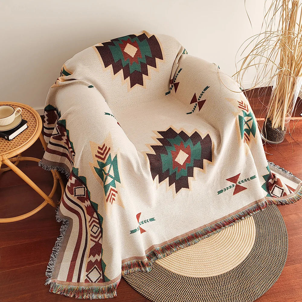 Aztec Blanket, Oversized Boho Throw Blanket with Fringe, Southwestern Geometric Tapestry Vintage Woven Throw Blankets, Double-Si ZenGlow