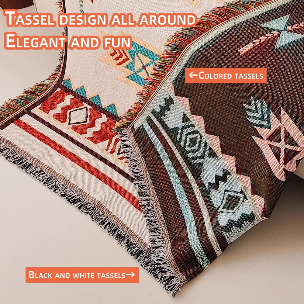 Aztec Blanket, Oversized Boho Throw Blanket with Fringe, Southwestern Geometric Tapestry Vintage Woven Throw Blankets, Double-Si ZenGlow