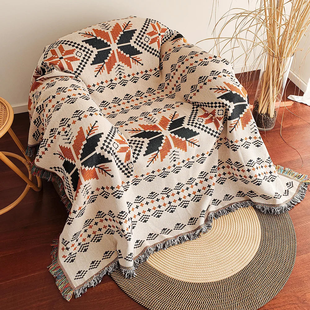 Aztec Blanket, Oversized Boho Throw Blanket with Fringe, Southwestern Geometric Tapestry Vintage Woven Throw Blankets, Double-Si ZenGlow