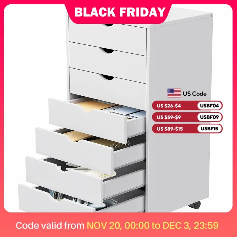 JHK 7 Drawer Chest Dressers Nightstand Storage Cabinet Wooden File Office Mobile Cabinet Wheels Living Room Organizer Rolling ZenGlow